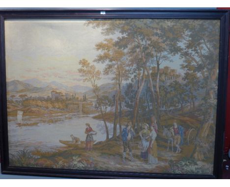 An early 20th century large tapestry of a river scene, framed. H.150, W.200, D.5cm