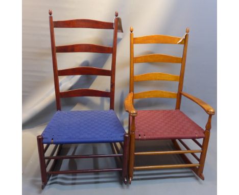 A Shaker’s rocking chair, ladder back, blue woven seat, together with one other rocking chair. 