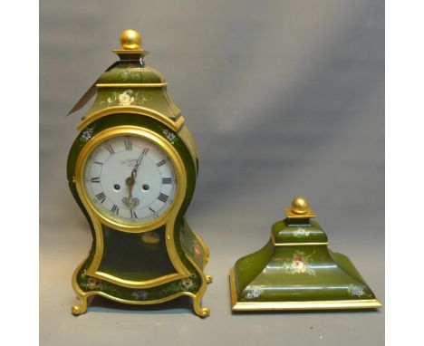 A 20th Century French mantel clock, the hand painted case with floral decoration on a green ground with gilt highlights and m