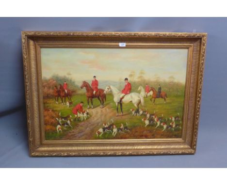 A 20th Century oil on canvas depicting a hunting scene signed lower right. 59cm X 90cm