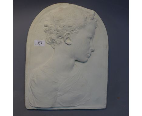 A white painted pottery plaque depicting a portrait of a young girl. H-41cm
