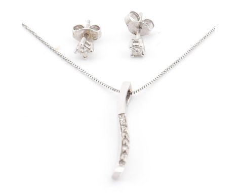 A pair of hallmarked 18ct white gold and diamond stud earrings together with a 9ct white gold and diamond pendant necklace. T