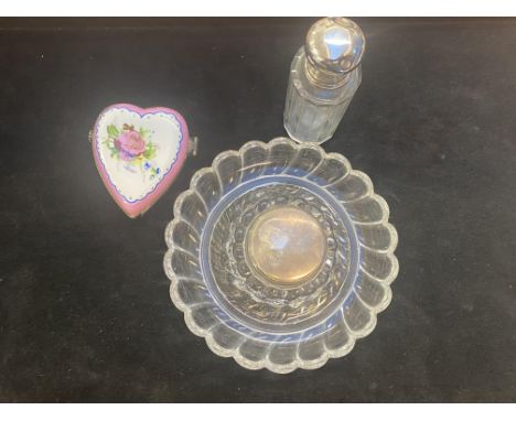 Porcelain trinket box, french Bacarat glass inkwell with silver top &amp; vintage perfume bottle 