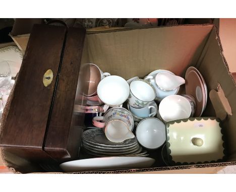 Four boxes of assorted china and glassware to include water jug, various drinking glasses, two fruit bowls, Susie Cooper teac