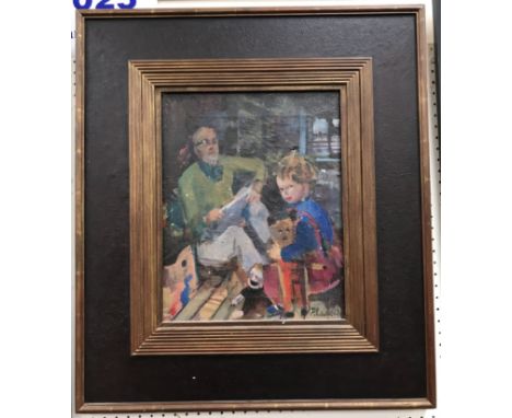 PATRICK LAMBERT LARKING "Self portrait with boy and teddy", oil on canvas, signed lower right, 38 cm x 30 cm CONDITION REPORT