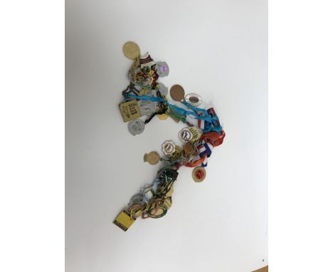 A collection of assorted items to include race tags, pair of bellows, various china, glass, typewriter, etc.