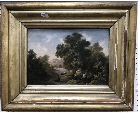 19TH CENTURY ENGLISH SCHOOL IN THE MANNER OF ALEXANDER NASMYTH “Figures by river's edge lighting a fire, woodlands in backgro