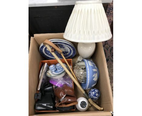 A box containing a Wedgwood Jasper ware fruit bowl, two trinket boxes and a trinket dish, various cameras to include a Kodak 