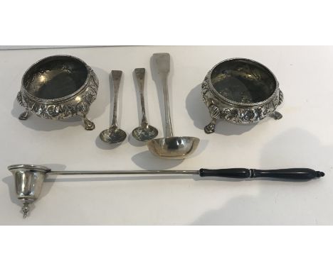 A pair of Victorian silver embossed cauldron salts (by Robert Harper, London 1856), a pair of George III silver salt spoons (