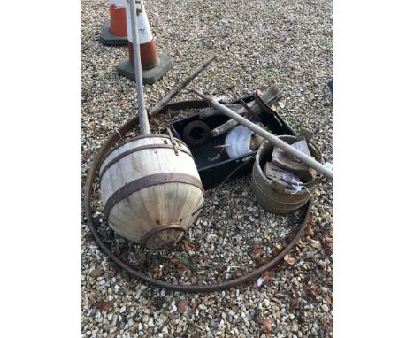 A wrought iron ring/cartwheel exterior 124 cm diameter together with two coopered well buckets, four vintage tools, garden or