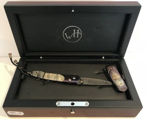 A William Henry Studio folding pocket knife, model B10, wave pattern blade, heat blued Iguana Damascus frame by Chad Nichols 