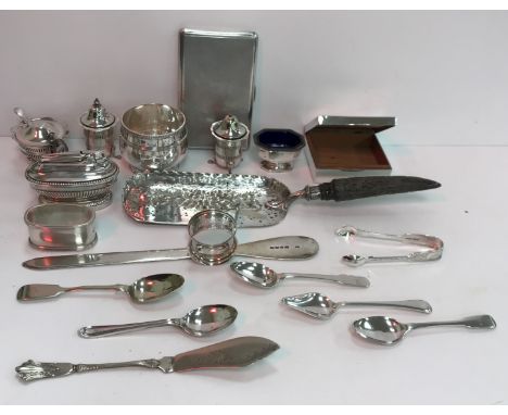 A collection of assorted silver and plated wares to include a silver cigarette case with engine turned decoration and inscrib