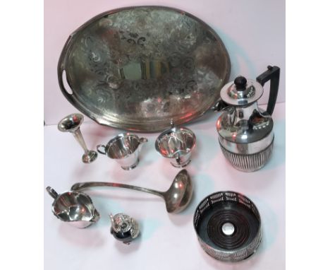 A plated oval two handled drinks' tray, Elkington plated soup ladle, plated hot water jug, stem vase, small sauce boat, cream