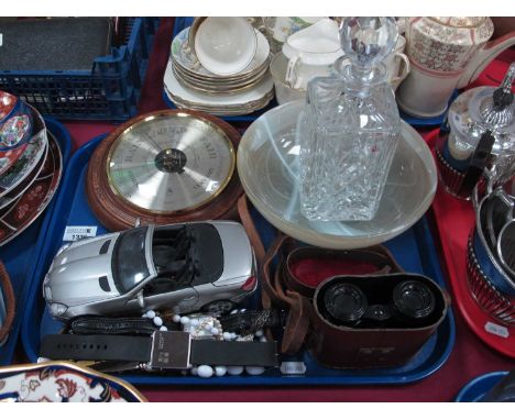 Arnold Barometer, decanter, costume jewellery binoculars etc :- One tray.