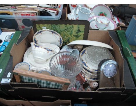 Grindley "Janique" part dinner service, mantel clock, glass vase etc. Two boxes