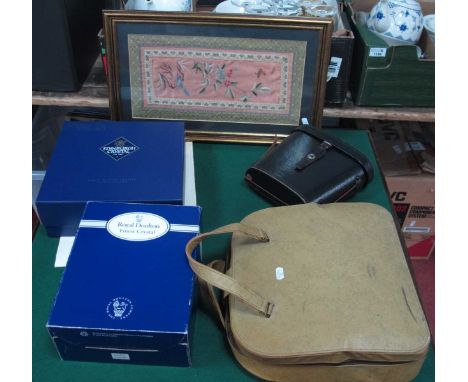 Oliver Courier Typewriter, Optomax 7 x 50 binoculars, oriental needlework picture, Doulton crystal whisky glasses (4) and bow