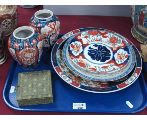 Oriental imari Pair of Vases, charger and plate, other blue and white plate decorated with dragons and a later Chinese callig