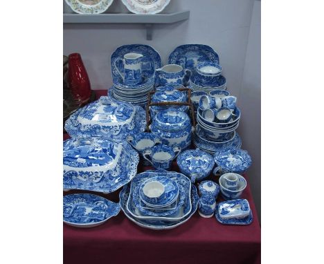 A Copeland Spode pottery Italian pattern blue and white table ware comprising of lidded tureens, various plates and bowls, ju