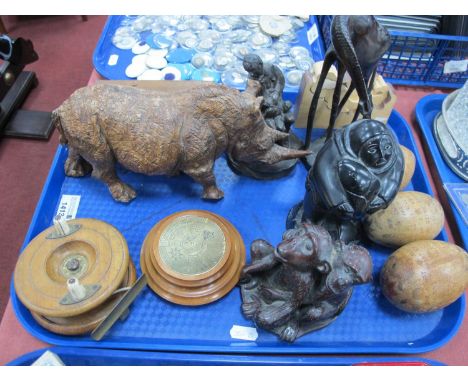Early 20th Century Wooden Fishing Reel, perpetual calendar, carved rhinosaurus, Inuit figural carving, resin models etc :- On