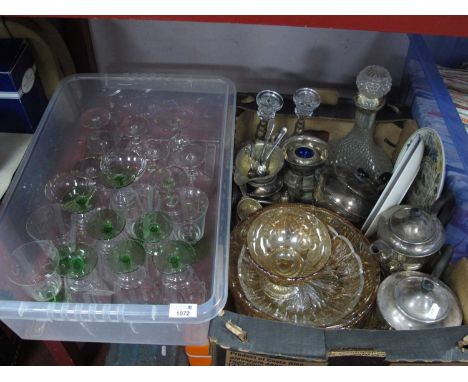 Glassware to include wine glasses eleven with green stems, Babycham glasses, ships decanter, candlesticks, various bowls toge