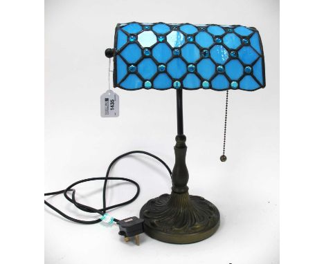 A bankers table lamp with blue Tiffany style shade, 39cm h.glass shade without cracks