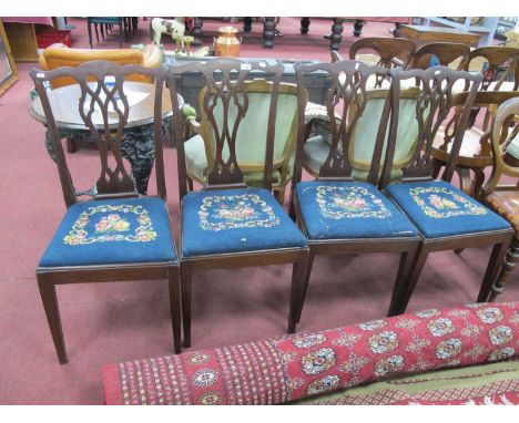 Set of Four Mahogany XVIII Century Style Dining Chairs, with pierced slats and tapestry drop-in seats.