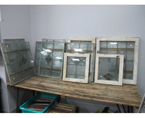 1930s Lead Glass Light Panels, angular decoration coloured insets, four in original white painted frames, seven others, the l