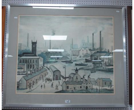 L.S. Lowry, 'Canal and Factories' coloured print, 60.5 x 75.5cm, '1973 The Pallas Gallery Ltd Wc2' to margin.