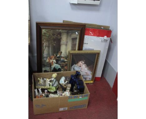 Capodimonte and Other Italian Figures, clock, brass Art Nouveau style letter rack, Gainsborough print 'The Blue Boy' and two 