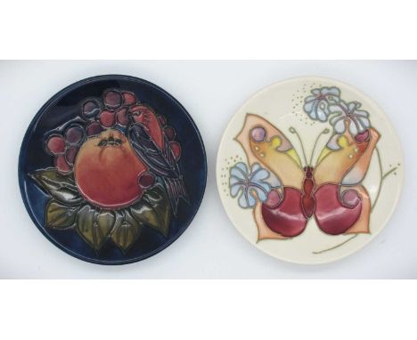 Two Moorcroft Pin Trays, 'Finches' pattern, designed by Sally Tuffin, date cypher for1995 and 'Butterfly' with date cypher fo