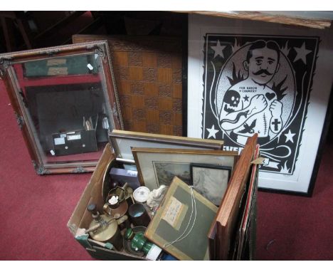 Brassware, prints, photo frames, LP and single records etc:- One Box together with Kev Green print 'Never surrender', mirror 