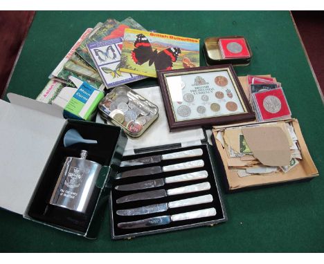 Gloops Club Silver Enamel Badges, coins, Brooke Bond picture cards, pewter flask, etc:- One Basket.