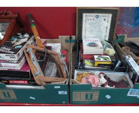 Scrabble, Mastermind and other board games, magazines, glove puppet, tennis racket etc - Two boxes.