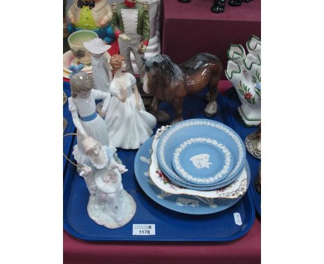 Royal Doulton figurine "Patricia" H.N 2715, nao figure, Wedgwood Jasperware plates, Royal Crown Derby "Derby Posies" dish etc