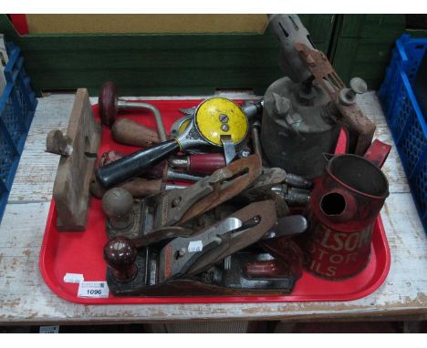 Vintage Tools to include two Stanley planes, plus others. Three 'Yankee' screwdrivers, Stanley hand drill, AA Badge, Fiat spa