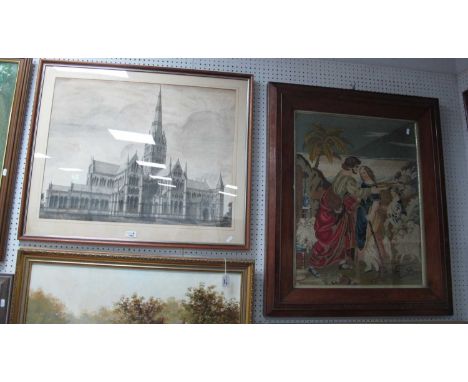 Monochrome Dickinson W/C 54.5 x 71cm, Salisbury cathedral XIX Century tapestry sheep farmer and companion with onlooker in fr