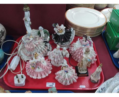 A Dresden Lace Figural Table Lamp, five Dresden figures, etc:- One Tray