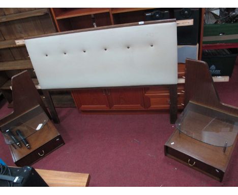 E. Gomme for G Plan vintage teak headboard with flanking glass tops and single drawers, 22cm w.