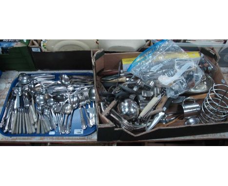 A Collection of assorted plated ware, including cutlery, a meat thermometer fork, other kitchen utensils, a glass-lined lidde