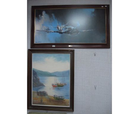 Ali ---- Oil on Canvas fishing boat, signed bottom right. Together with a Barrie A.F. Clark print of a Spitfire.