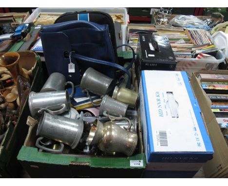 A quantity of pewter tankards, metal nut cracker in the form of a squirrel, Vamp virtual amplification, HD NVR kit, RS 120 II