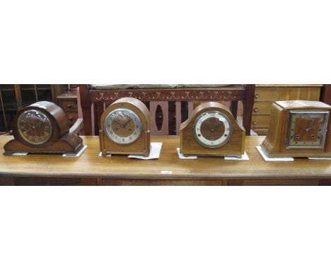 XX Century walnut mantel clock, oak cased mantel clock together with two other mantel clocks. (4)