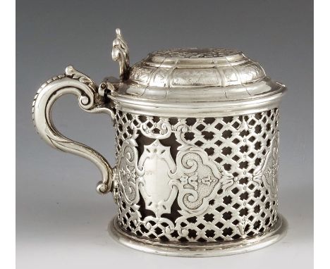 Robert Garrard II, London 1842, a Victorian silver mustard pot, reticulated cylindrical form, cast with diaper trellis and Ch