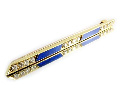 A gold, enamel and diamond bar brooch, blue guilloche enamelled lozenges alternating with bars of four rose cut diamonds, 6.5