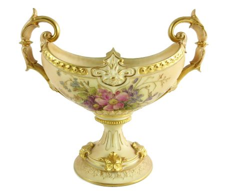 A Royal Worcester blush ivory pedestal bowl, 1915, twin handled boat form, relied moulded and painted with dog roses, the foo