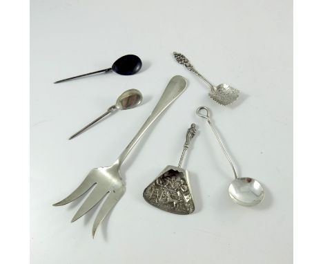 Silver flatware including Mappin and Webb toasting fork, Dutch caddy spoon, two Roman style spoons etc., various dates and ma