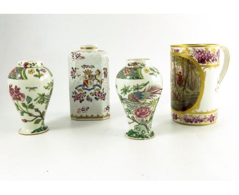 Four Samson porcelain vessels, including a pair of Chinese style vases, a Derby style hunting mug and an armorial tea caddy (