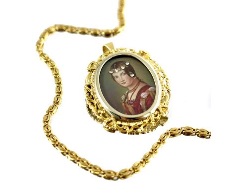 An 18 carat gold chain necklace, 7.2g, together with an 18 carat gold pendant with painted portrait studded with diamonds, 6.