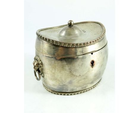 An Old Sheffield Plate tea caddy, ovoid boat form with egg and dart moulded rims, lions mask and ring  handles, hinged lid an