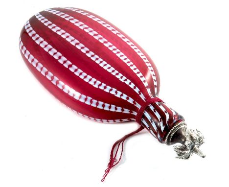 A Nailsea type ruby and opaque glass flask with plated stopper, 22cm long